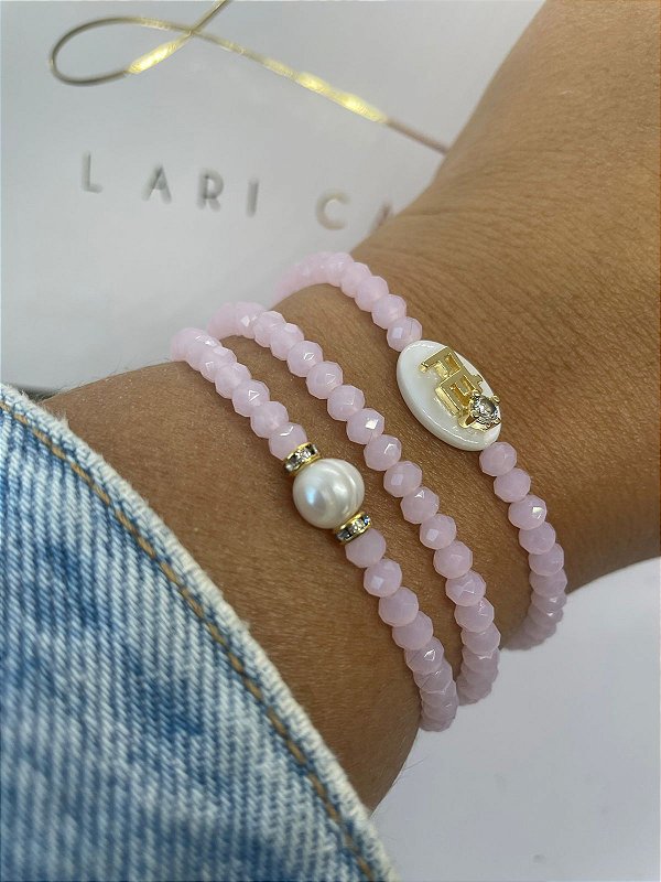 Trio Pulseiras Fé Cristais Rosa