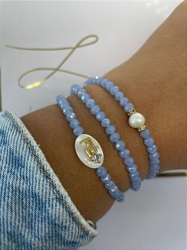 Trio Pulseiras Fé Cristais  Azul C