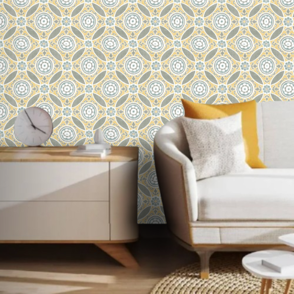 Papel de Parede Importado Floral Azul e Amarelo Rolo com 10 Metros