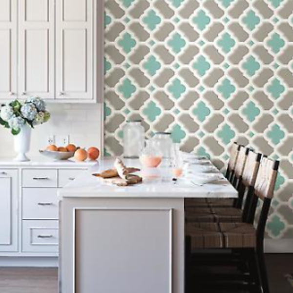 Papel de Parede Geométrico Azul Turquesa e Cinza Rolo com 10 Metros