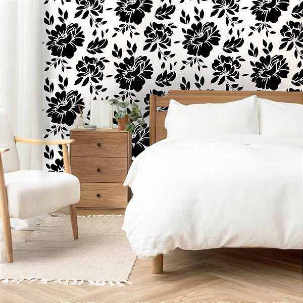 Papel de Parede Floral Tons de Creme e Preto Rolo com 10 Metros