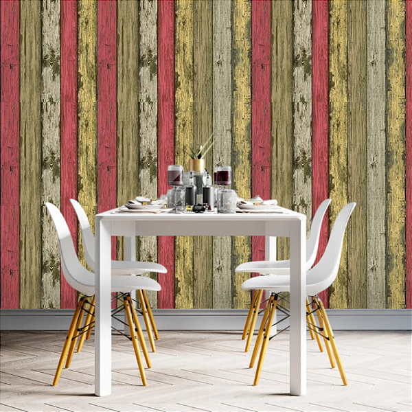 Papel de Parede Madeira Tons de Vermelho e Amarelo Rolo com 10 Metros
