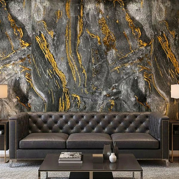 Papel de Parede Mármore Cinza Com Dourado Brilhante Vinílico Impermeável 5MX45CM