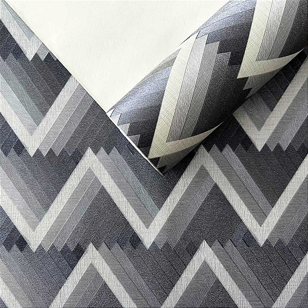Papel De Parede Geométrico ZigZag Cinza Grafite e Prata Importado 10M