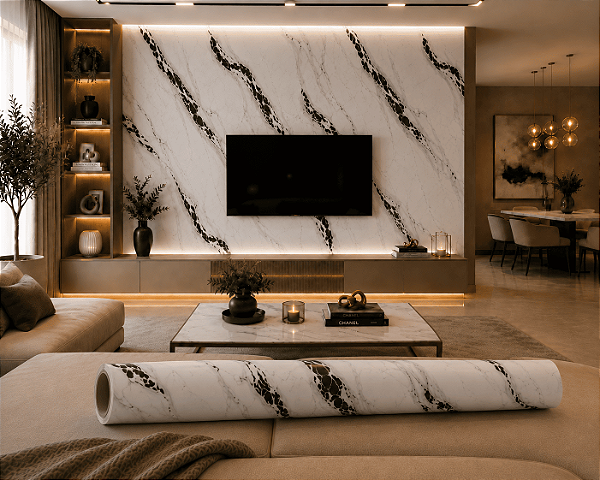 Placa Revestimento Papel de Parede Adesivo Mármore Preto e Branco Adesivo 3D 120x260cm