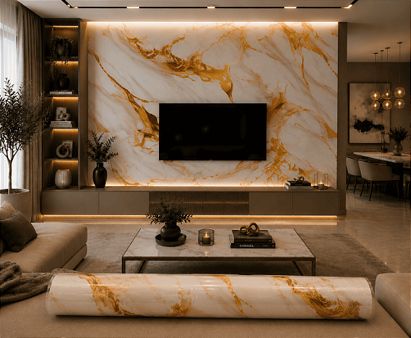 Placa Revestimento Papel de Parede Adesivo Mármore Dourado e Branco Adesivo 3D 120x260cm