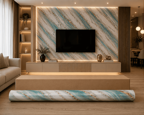 Placa Revestimento Papel de Parede Adesivo Mármore Verde e Dourado Adesivo 3D 120x260cm