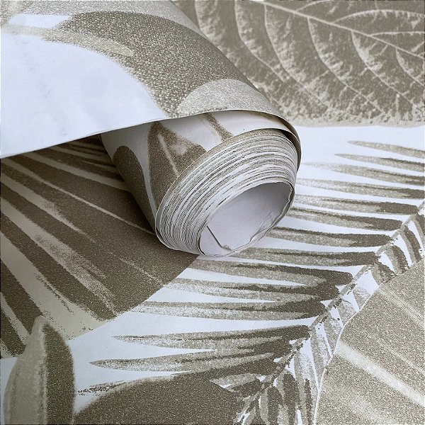 Papel de Parede Folhagem Tropical Bege Areia Dourado Importado 53cm x 10m