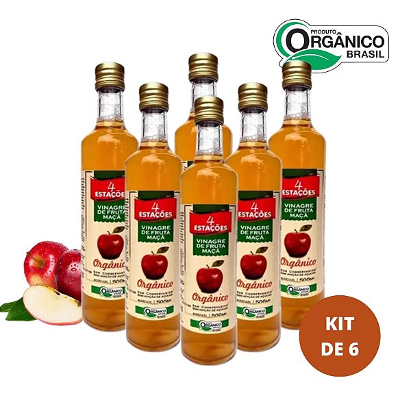 KIT 6 Vinagre 100% Organico de Maçã 500ml Acidez 4,2% - 4 ESTAÇÕES