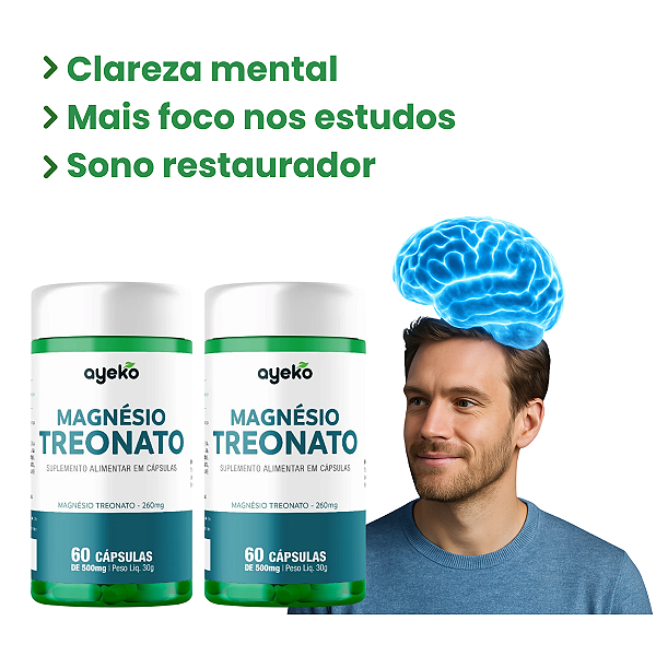 2X Magnésio Treonato Memória e Foco 60 Cápsulas - Ayeko