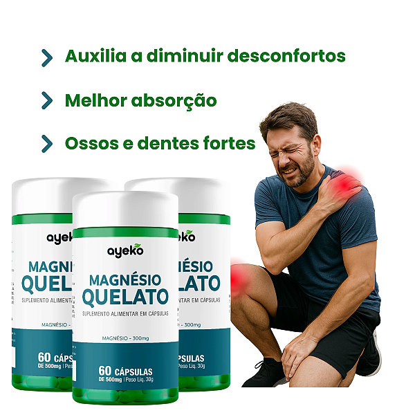 KIT 3 Magnésio Quelato Puro 300mg 60 Cápsulas com Alta Absorção - Ayeko