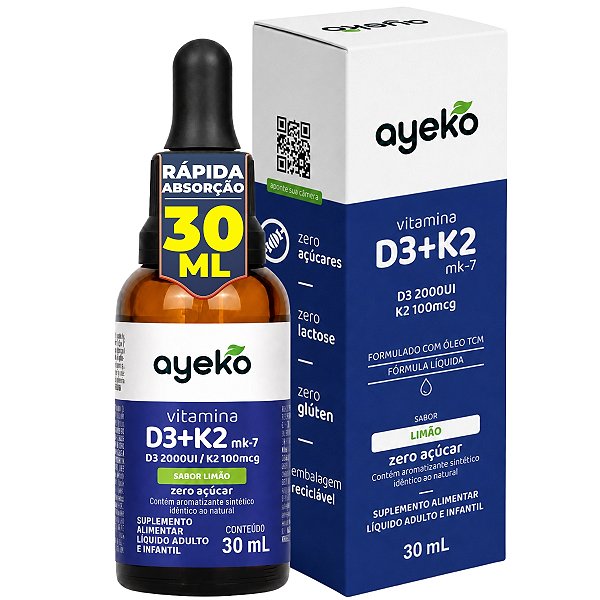 Vitamina D3 Colecalciferol 2000ui + K2 Mk-7 100mcg 30ml Gotas Sabor Limão Ayeko Limão