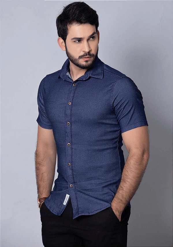 Camisa Jeans Manga Curta Slim Com Elastano