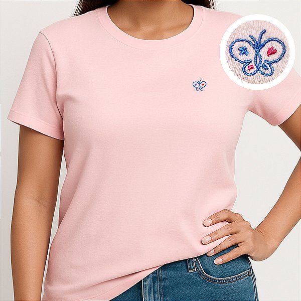 Camiseta Bordada Oficial Téo & O Mini Mundo - Rosa Bebê