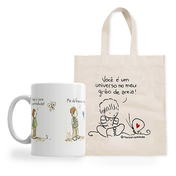 Caneca Quentinho no Coração +Ecobag oficial Téo & O Mini Mundo