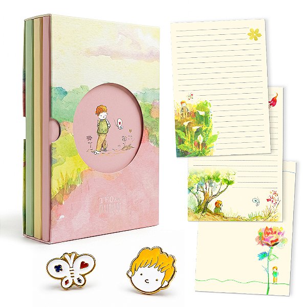 Box com 3 Cadernos + Kit Papel de Cartas + Caixinha de Pins