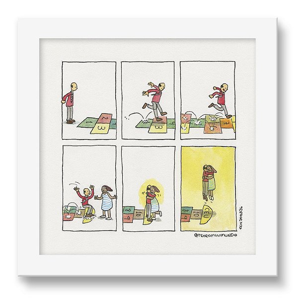 Quadro - Amarelinha - Tirinha Téo E O Mini Mundo - 15x15 Cm - Moldura Branca