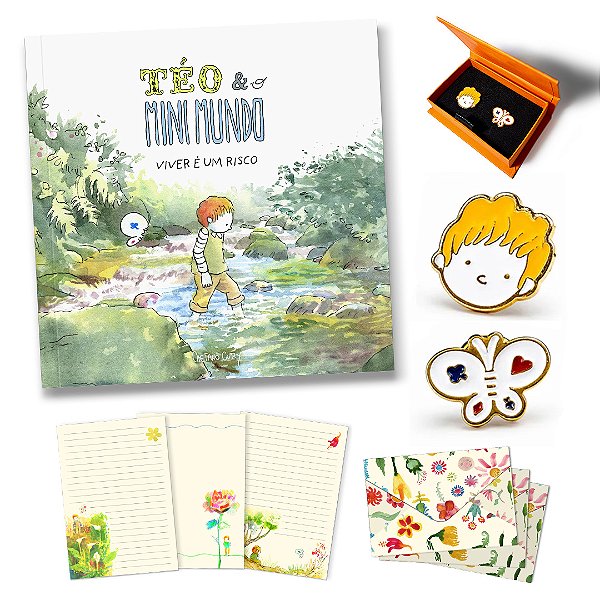 Livro Téo & O Mini Mundo - Viver é um risco + Pins + Papéis de Carta