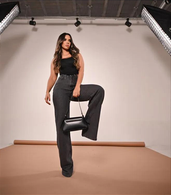 CALÇA JEANS WIDE LEG PRETA CINTURA ALTA ALGODÃO PREMIUM Loja