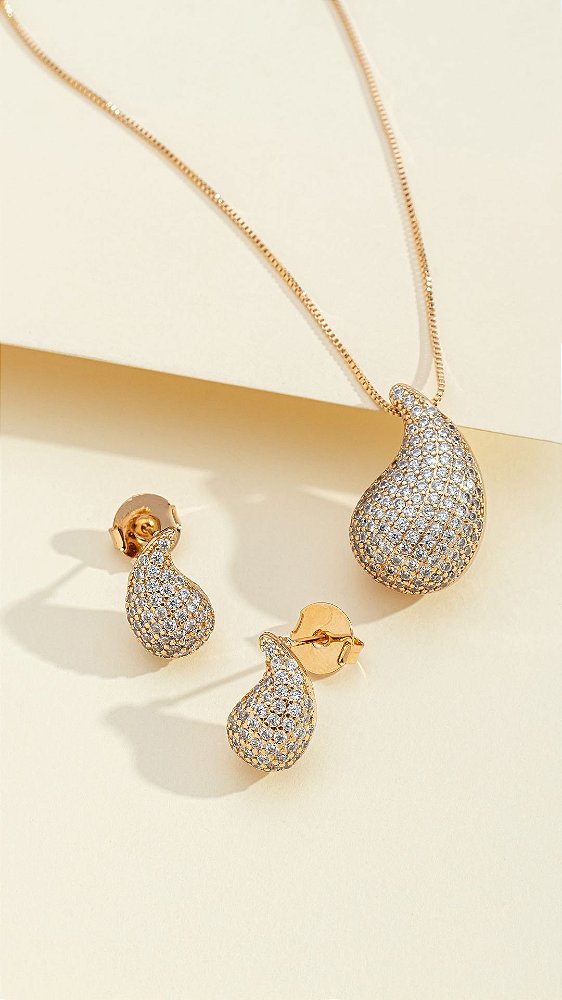 Conjunto Colar + Brinco Gota Cravejada