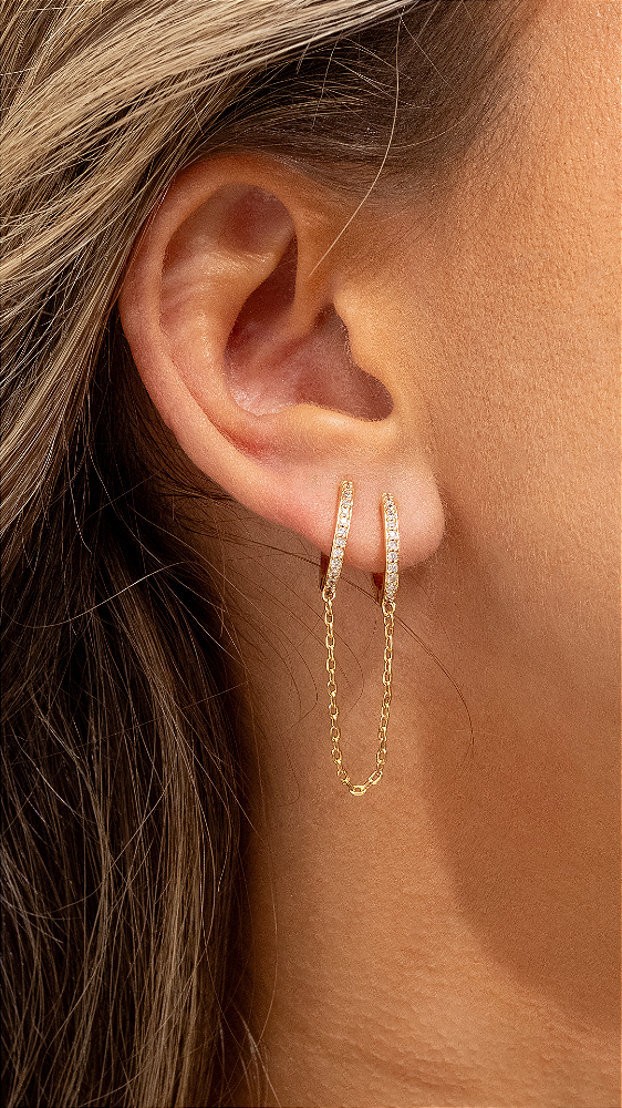 Argola Dupla Cravejadas ligadas pela Corrente mini Elos