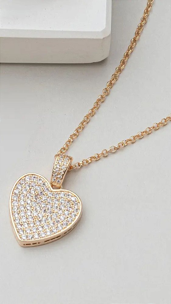 COLAR CORACAO CRAVEJADO SEMIJOIA