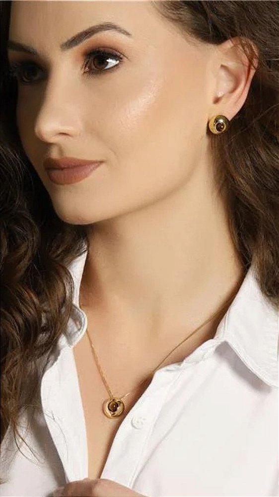 CONJUNTO CL+BR BOTÃO PEDRA OBSIDIANA SEMIJOIAS