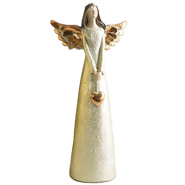 Anjo Decorativo Asas Douradas de Resina com coração 24 cm