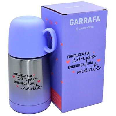 Mini Garrafa Térmica com Caneca 210ml Frase: Corpo e Mente