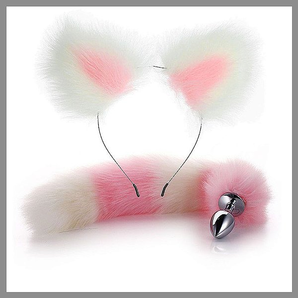 KIT - RABO DE RAPOSA COM TIARA DE ORELHAS ROSA COM BRANCO - TAMANHO P
