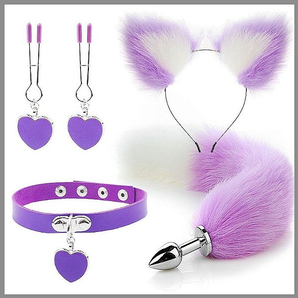 KIT - RABO DE RAPOSA COM TIARA DE ORELHAS, GRAMPOS PARA OS SEIOS EM METAL E GARGANTILHA LILÁS -TAMANHO P