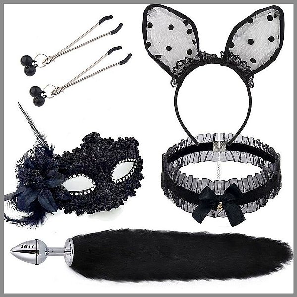 KIT - RABO DE RAPOSA COM TIARA DE ORELHAS, GRAMPOS PARA OS SEIOS EM METAL E GARGANTILHA PRETO - TAMANHO P