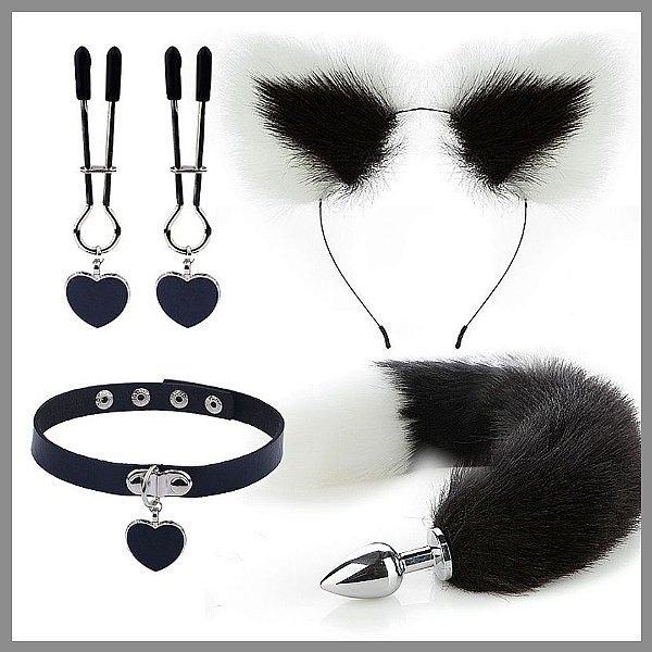 KIT - RABO DE RAPOSA COM TIARA DE ORELHAS, GRAMPOS PARA OS SEIOS EM METAL E GARGANTILHA PRETO COM BRANCO - TAMANHO P