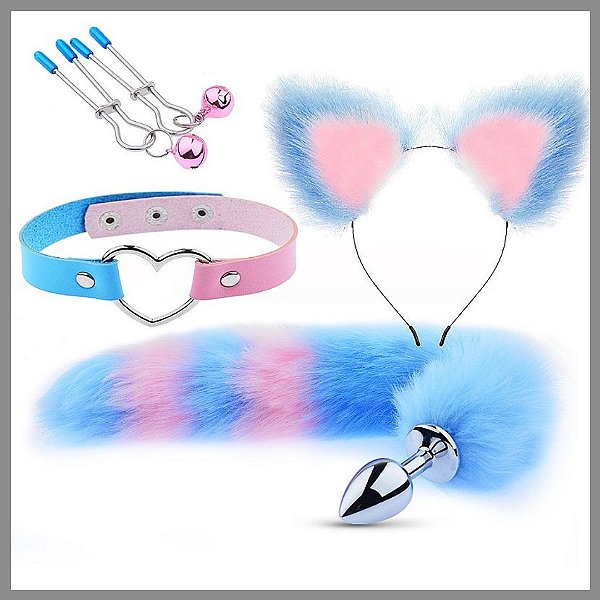 KIT - RABO DE RAPOSA COM TIARA DE ORELHAS, GRAMPOS PARA OS SEIOS EM METAL E GARGANTILHA AZUL COM ROSA - TAMANHO P