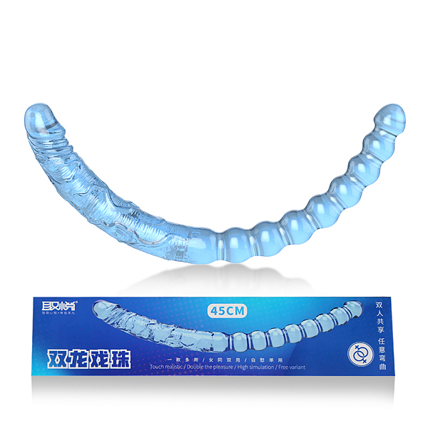PÊNIS DUPLO EM SILICONE AZUL COM ESFERAS E GLANDE 44CM X 3,3CM