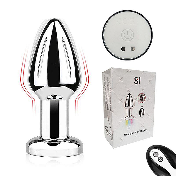 PLUG ANAL EM AÇO COM VIBRO, CONTROLE E LUZ DE LED - RECARREGÁVEL - TAM P
