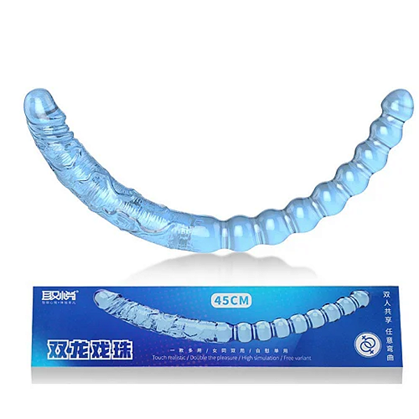 PÊNIS DUPLO EM SILICONE AZUL COM ESFERAS E GLANDE 45CM X 3,3CM