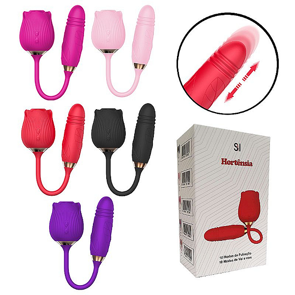 VIBRADOR DE PONTO G E CLITÓRIS COM VAI E VEM - FORMATO DE ROSA