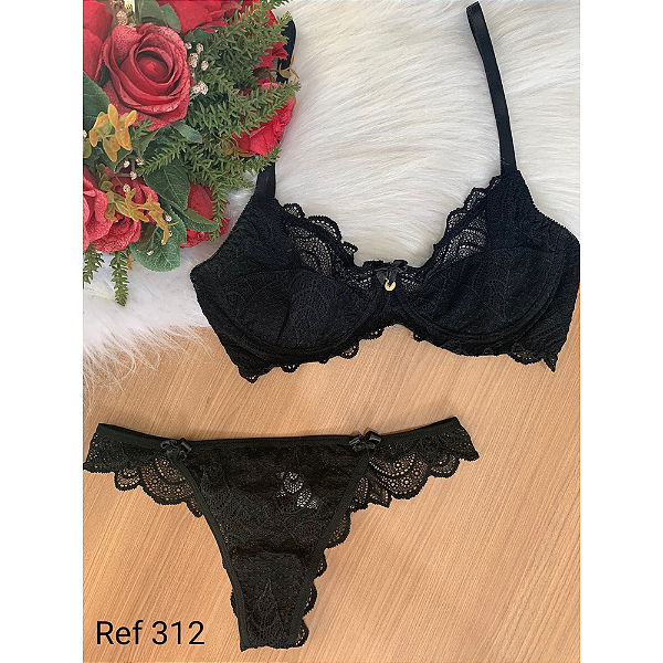 CONJUNTO DE RENDA COM ARO E SEM BOJO - PRETO