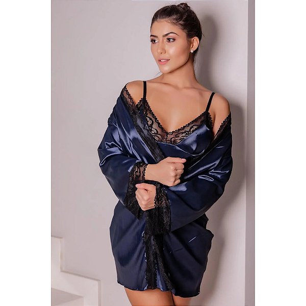ROBE CURTO DE CETIM COM DETALHES EM RENDA