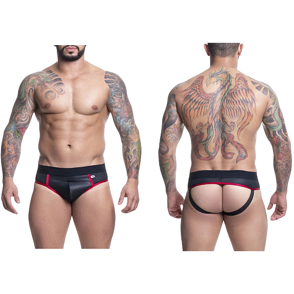 CUECA EM CIRRÊ PRETO E VERMELHO TRABALHADO FRENTE SLIP E ATRÁS JOCK