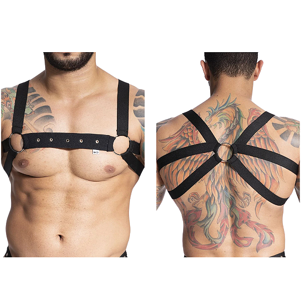 HARNESS ELÁSTICO PRETO COM ILHOS E ARGOLA DE METAL