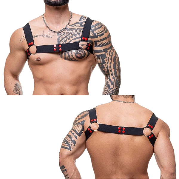 HARNESS ELÁSTICO PRETO COM ARGOLAS E DETALHE VERMELHO