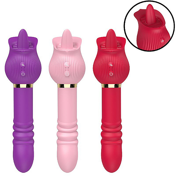 VIBRADOR DE PONTO G E CLITÓRIS - ROSA COM LÍNGUA E VAI E VEM - JANE