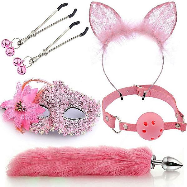 KIT - RABO DE RAPOSA COM TIARA DE ORELHAS, GRAMPOS PARA OS SEIOS EM METAL E GARGANTILHA COM MASCARA - TAMANHO P