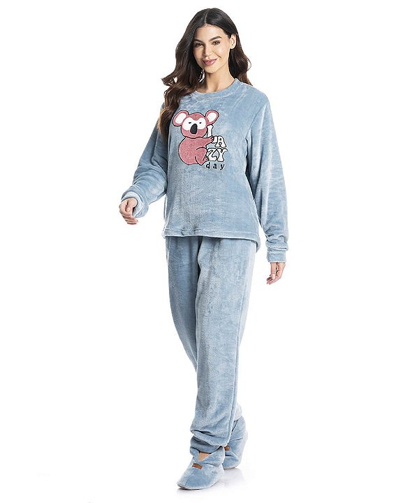 Pijama Feminino Longo em Fleece Daniela Tombini 4336 - Azul