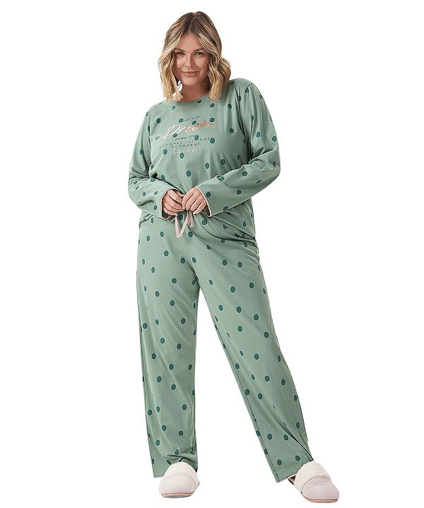 Pijama Feminino Longo Plus Size Cor com Amor 13576 - Verde