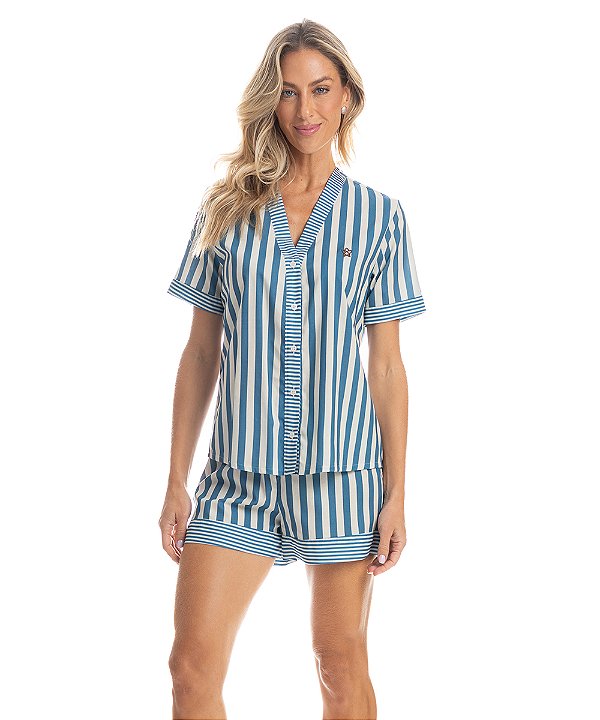 Pijama Feminino Curto Abotoado Daniela Tombini 5062 - Azul