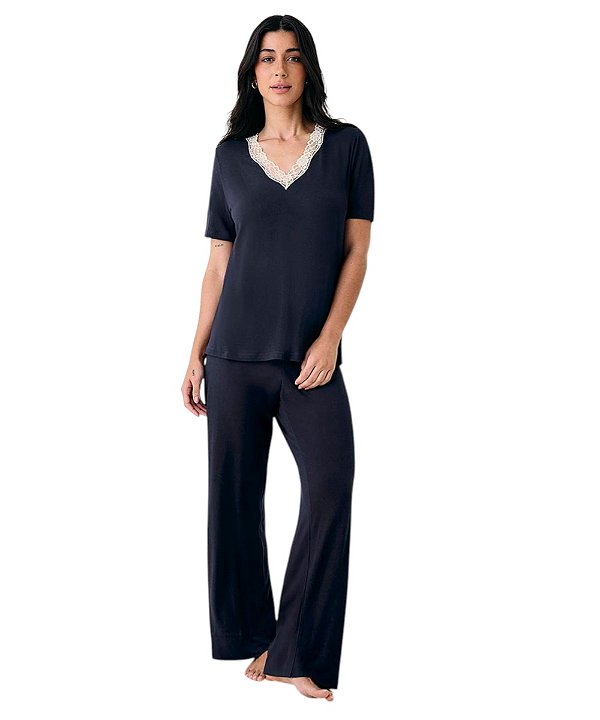 Pijama Longo Manga Curta Em Viscose E Renda Hope LCL165