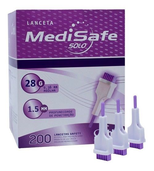 CAIXA LANCETA SEGURANCA 28G COM 200 UNID ROXA MEDISAFE SOLO